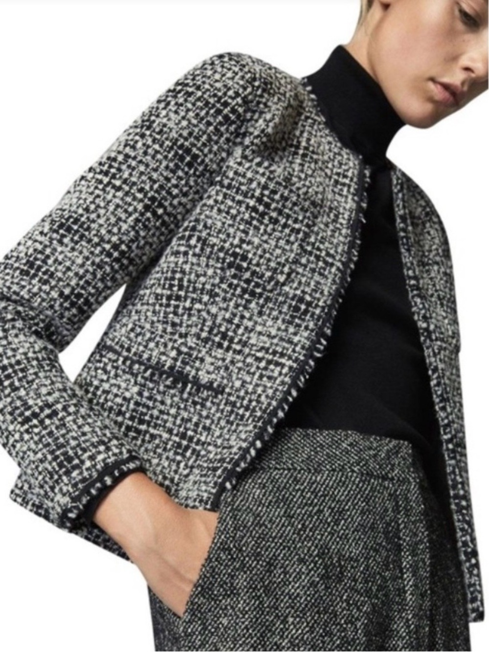 Massimo Dutti Black and White Tweed Collarless Blazer